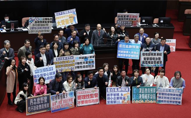 立法院21日院会三读通过114年度中央政府总预算案，民进党立委在议场内合影。（姚志平摄）