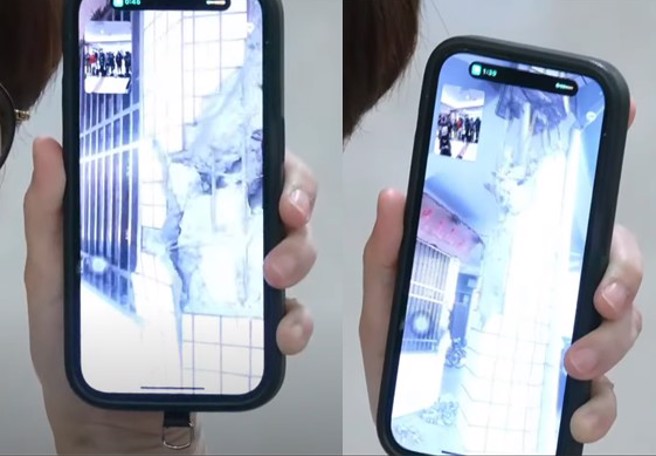 民进党立委陈亭妃与助理视讯连线，透露台南震灾相当严重，柱子墙面剥落、露出钢筋。(截自中时新闻网直播)