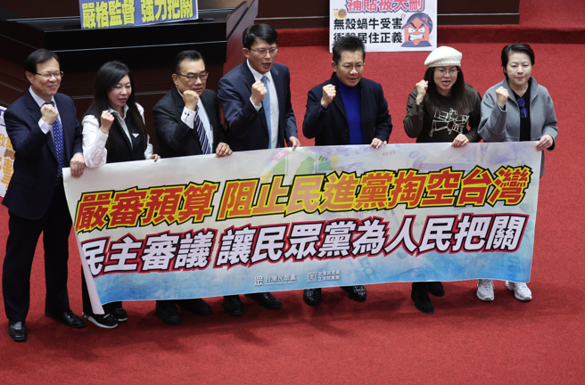 立法院21日院会三读通过114年度中央政府总预算案，民眾党立委在议场内合影。（姚志平摄）