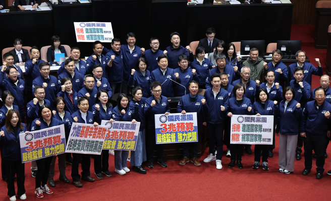 立法院21日院会三读通过114年度中央政府总预算案，国民党立委在议场内合影。（姚志平摄）