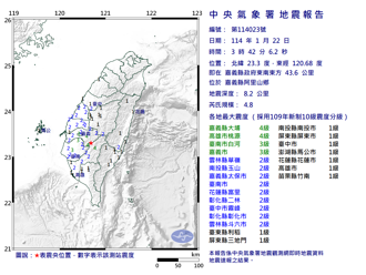 03：42嘉義阿里山規模4.8極淺層地震 最大震度4級