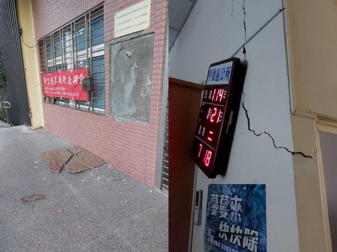 甲仙區公所自身也成了「受災戶」，1樓外牆出現龜裂，大門口旁的大理石碑文也被強震震落整面剝離倒地（左圖）；三層樓辦公室多處磚牆龜裂但不嚴重（右圖）。（甲仙區公所提供／林雅惠傳真）