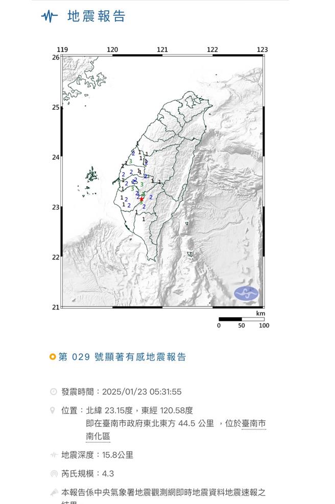 根据中央气象署地震报告，南化区23日5点31分发生规模4.3地震。（摘自中央气象署官网／宝智华台南传真）