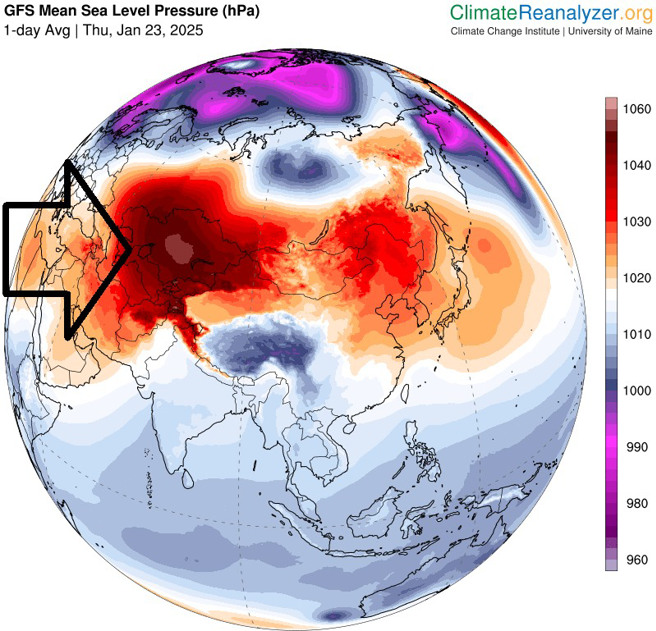 鄭明典表示北方冷高壓很強，加上日本海附近有個低壓發展，兩者配合下，台灣發生寒流的機率不低。（翻攝鄭明典臉書）