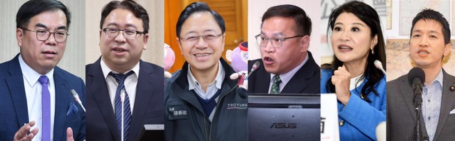2026桃园市长选举可能人选，左起为环境部长彭启明、法务部政次黄世杰、国民党现任市长张善政、民进党立委王义川、民进党立委林楚茵、总统府副秘书长何志伟。（合成图／报系资料照、张善政脸书）