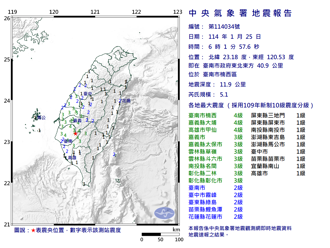 快訊》06：01台南楠西規模5.1極淺層地震！最大震度4級、14縣市有感