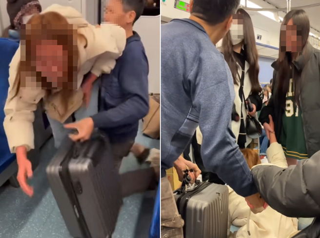 男子（蓝衣）紧抓妻子不放，乘客见义勇为阻止。（翻摄Threads网友@yuuuuuan._、@1004_zx）