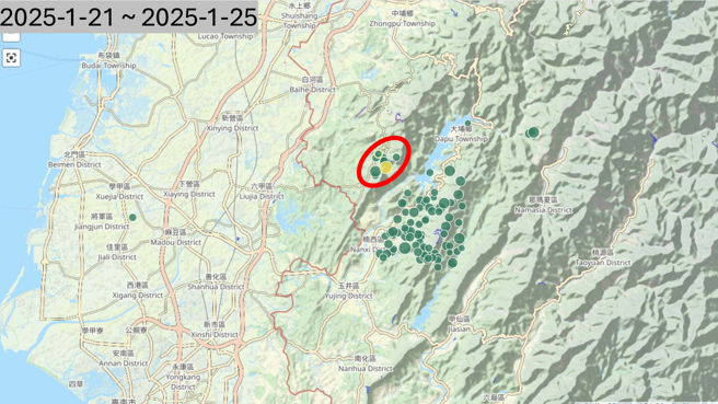 台南东山区9起地震位置图。（图／郭铠纹提供）
