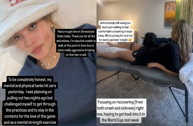谷爱凌连摔3次重伤退赛，坦承生病又摔倒影响身心状态。（图／IG@eileengu）