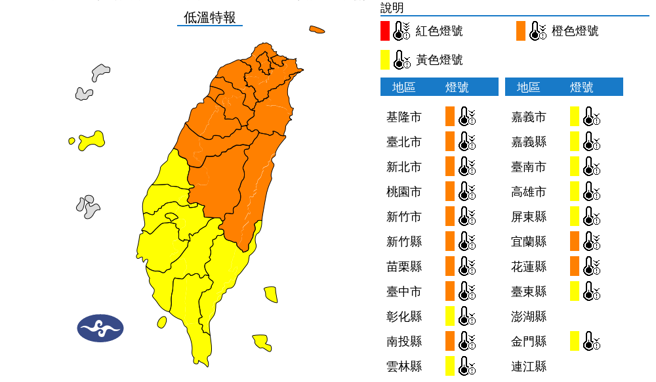 新北市、台北市、基隆市、桃園市、新竹縣、新竹市、苗栗縣、台中市、南投縣、宜蘭縣、花蓮縣今天到明天有6度以下或連續10度以下氣溫。（氣象署提供）