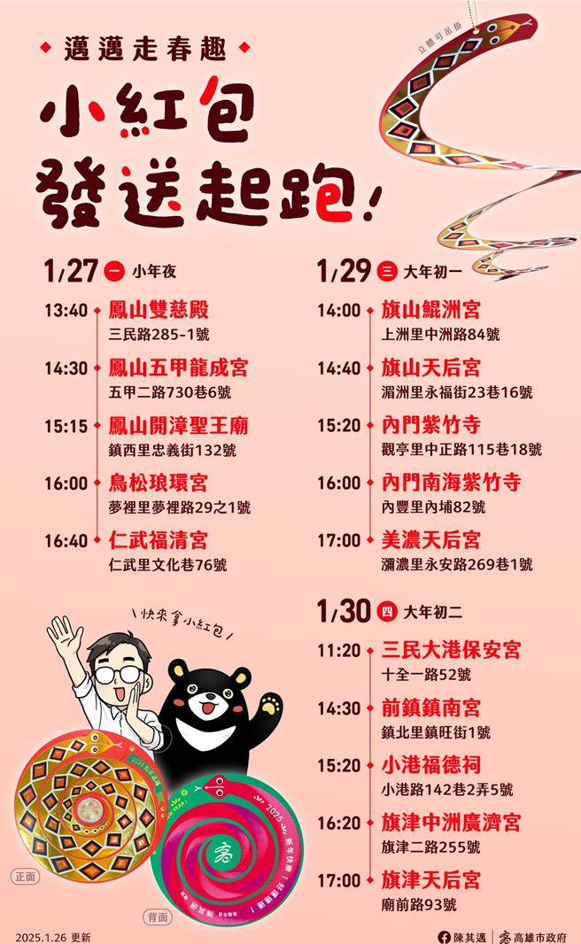 高雄市长陈其迈预告小年夜到初二走春、发小红包行程。（高市府提供）