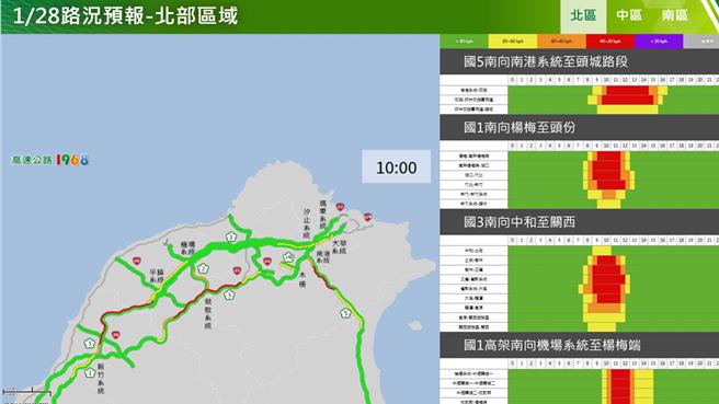 1月28日北區國道路況預報。（高公局提供）