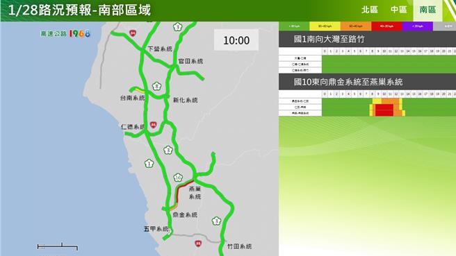 1月28日南區國道路況預報。（高公局提供）