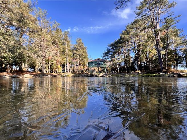 寒流发威，福寿山农场内天池结起一层薄冰，湖面与蓝天相映，美不胜收。（福寿山农场提供／潘虹恩台中传真）