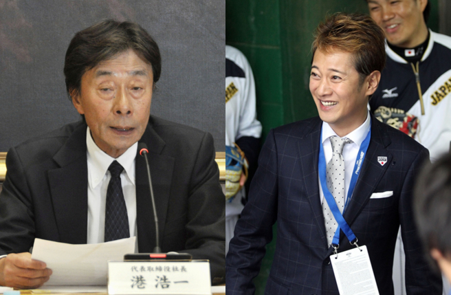 已经请辞富士电视台的社长港浩一（左），因中居正广性朝贡一事，竟开逾10个钟头的媒体记者会。（图／美联社、中时资料照）