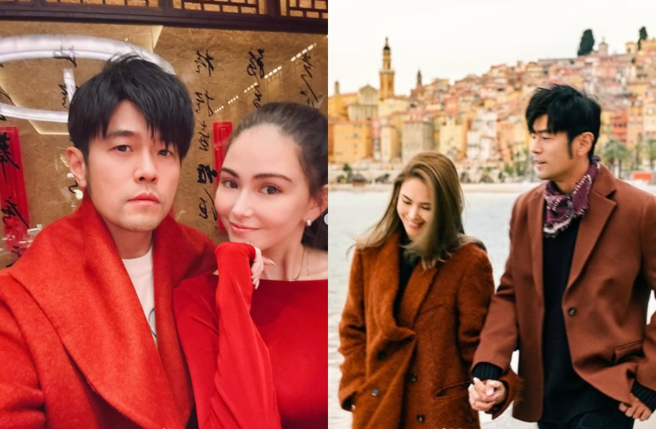 周杰伦和老婆昆凌，穿喜气红衣向大家拜年(左图)。（图／翻摄自周杰伦 IG）