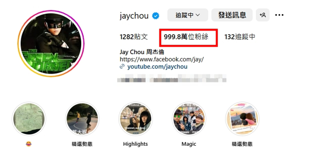 周杰伦IG粉丝即将突破千万。（图／翻摄自周杰伦 IG）