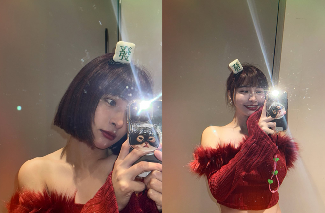 峮峮化身大红包祝打牌顺利，布料险滑落全被看光。（图／IG@qun_04）