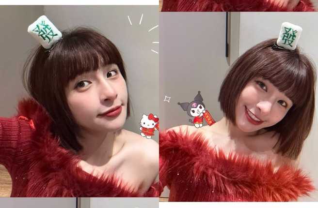 峮峮化身大红包祝打牌顺利，布料险滑落全被看光。（图／IG@qun_04）