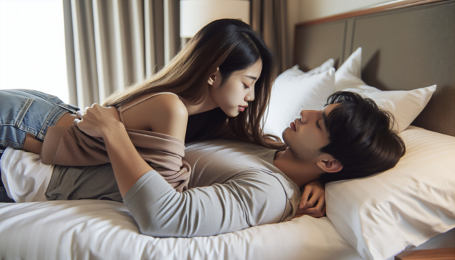 媳妇返乡跟老公床战，却发现婆婆在门外偷听。(示意图／AI生成)