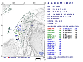 快訊》15：16 台南規模4.9極淺層地震 最大震度嘉義5弱