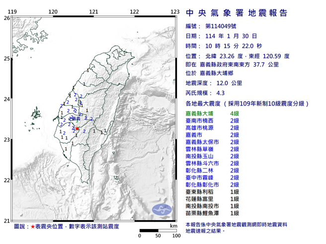 10点15分嘉义又发生规模4.3地震。（中央气象署提供）
