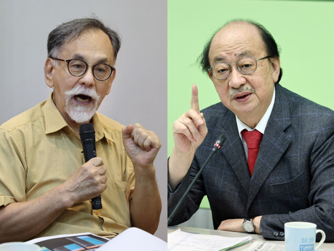 民进党立院党团总召柯建铭（右）发布「超甲级甲动」，前立委林浊水（左）直呼「捉狂了」。（合成图／中时资料照）