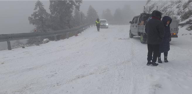 合欢山区成银白世界，大批游客1月25日开始休年假起涌上山赏雪，短短1周发生逾20件车祸。（民眾提供／杨静茹南投传真） 