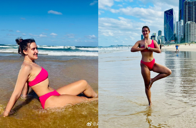 黄品源新婚妻罕晒比基尼辣秀惊人身材。（图／微博 Alina艾琳Gorshenina）