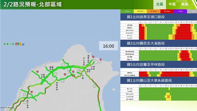 2月2日下午北部国道路况预报。（高公局提供／蔡明亘台北传真）