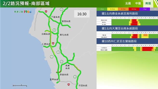 2月2日下午南部国道路况预报。（高公局提供／蔡明亘台北传真）