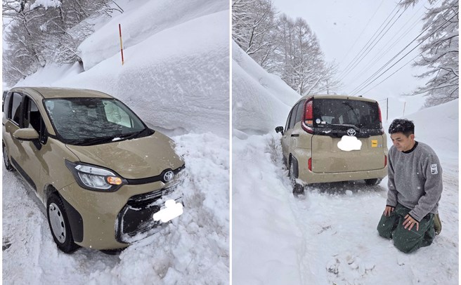 史丹利車輛在雪地打滑撞向山壁。（圖／熱血史丹利大叔應援團臉書）
