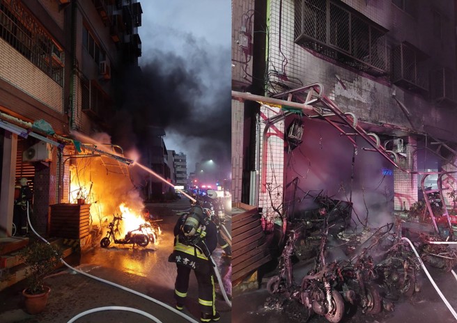 台中一处民宅前骑楼，傍晚发生机车火警，附近民眾表示听到爆炸声后就看到熊熊火势。（翻摄画面）