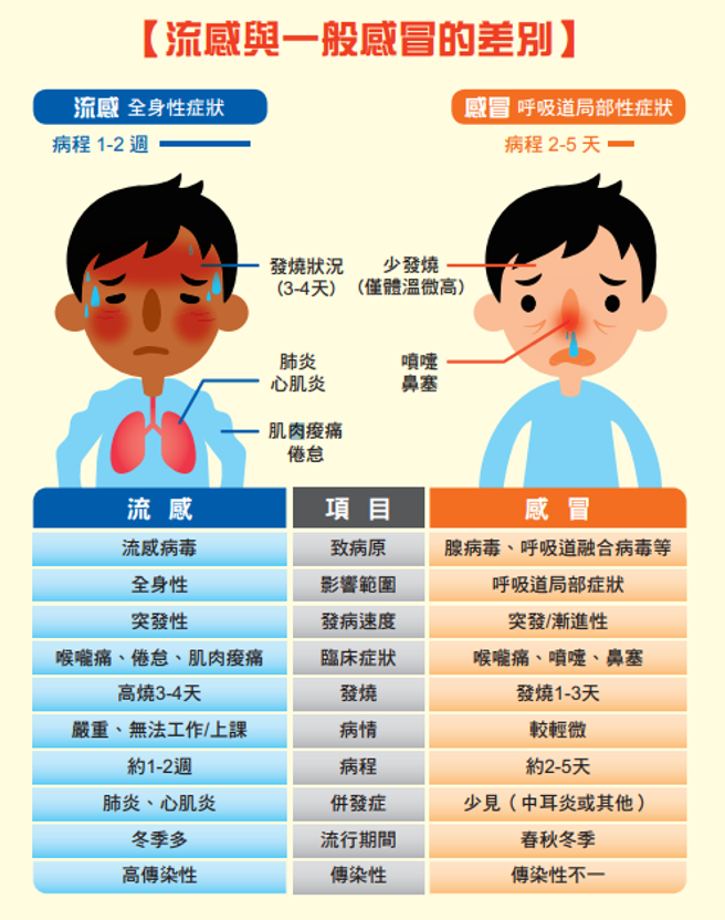 流感及感冒有明顯差 (截取自衛福部《流感防治問與答手冊》)