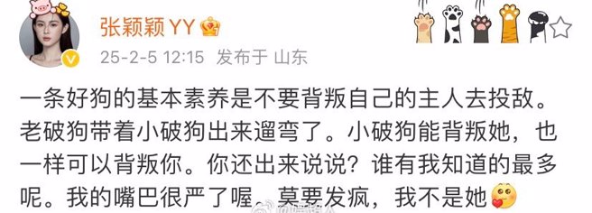 张颖颖开酸汪小菲遭葛斯齐反呛，怒发声「老破狗带着小破狗出来溜弯了」。（图／微博）