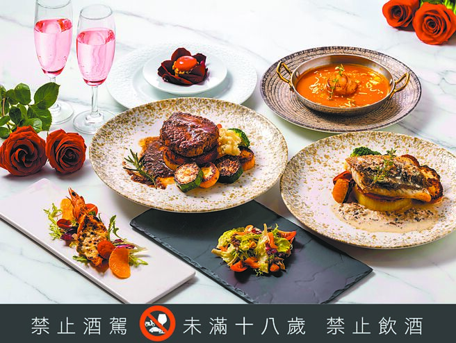 奢享之旅情人節住房專案可享飯店精心準備的情人節套餐，吃得到炙烤5盎司肋眼牛排、義式香草奶油煎金目鱸等菜式。（國聯大飯店提供）