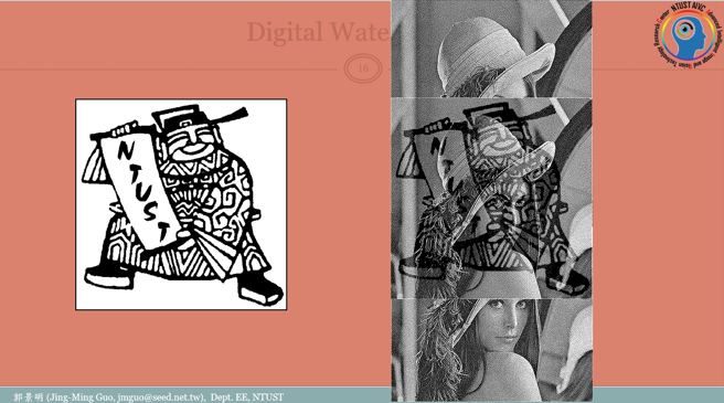 郭景明在半色调数位浮水印技术论文发表数量世界第一，透过两张图片重迭后显现版权标志，有效提升数位版权维护能力。（照片/臺湾科技大学提供）