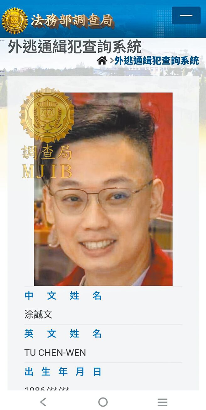 洗钱通缉要犯、睿森银楼负责人涂诚文，调查局5日将他列为「外逃通缉犯」名单，积极追缉。（摘自调查局官网）