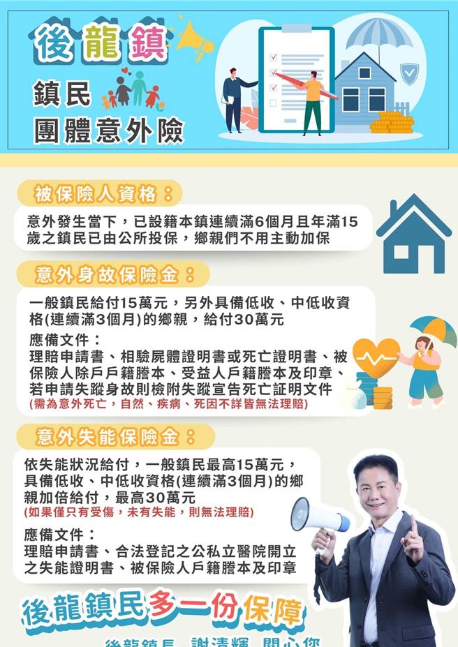 后龙镇公所为镇民加保团体意外险，提供多一份保障与安心。镇长谢清辉表示，设籍满6个月且年满15岁的后龙镇民，发生意外可享此福利。（后龙镇公所提供／吕丽甄苗栗传真）