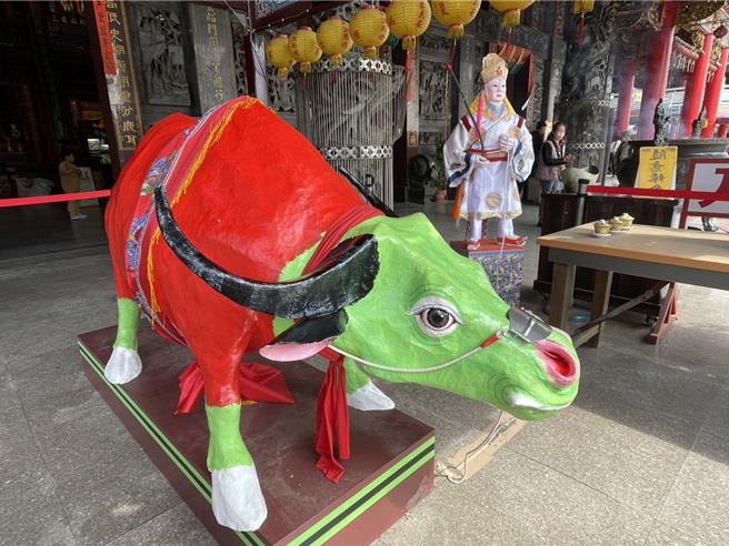 為避免爭搶，正統鹿耳門聖母廟的春牛今年牛身的皮紙更薄，更容易拆解。（正統鹿耳門聖母廟提供／程炳璋台南傳真）