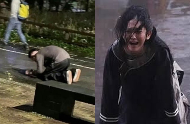 汪小菲雨中跪地画面曝光，网酸作秀。（图／翻摄自微博）