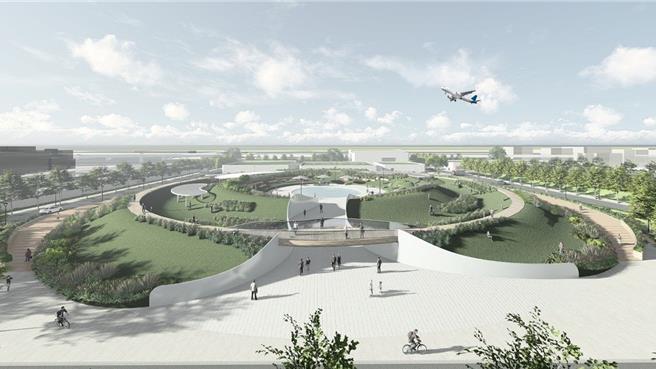 「滨江水资源再生中心」将採半地下化设计，地下为污水处理设施，地上规画为上部公园，以「涟漪」与「绿意」为设计理念，开辟成赏机景观休憩公园。（示意图／北市卫工处）