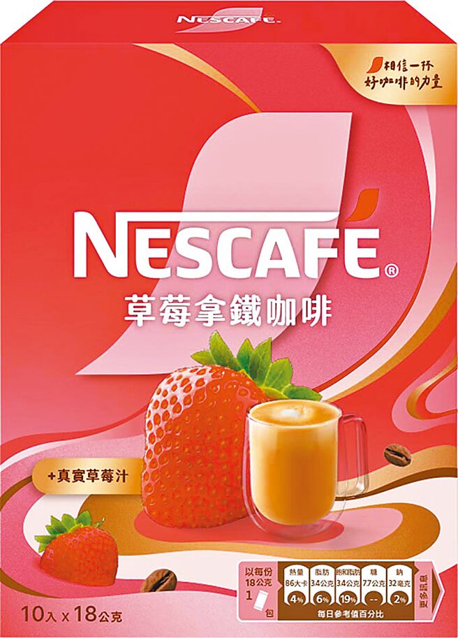 家乐福新品雀巢咖啡草莓拿铁咖啡盒装10入，186元买1送1。（家乐福提供）