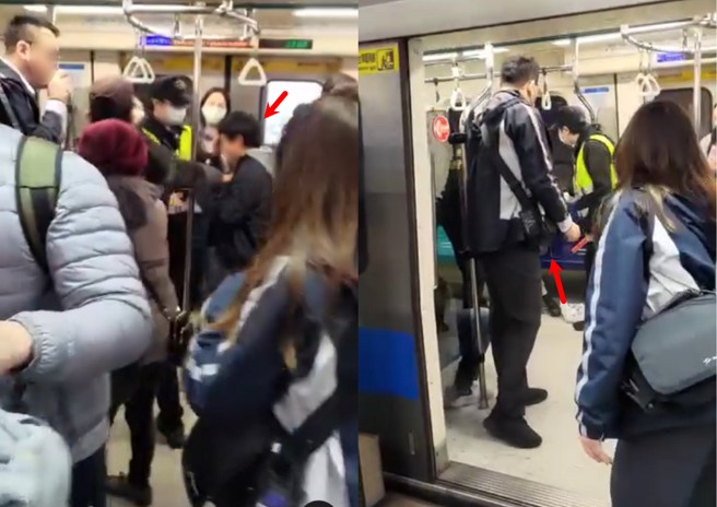 今天中午北捷一对母子，在搭乘列车的过程中突然情绪失控，与乘客发生口角，最后被站务员跟捷运警察强制送医。（＠xiwushi授权）