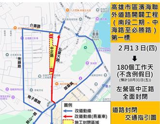 提早改道！濱海聯外道路施工 高雄左營中正路2／13起封閉