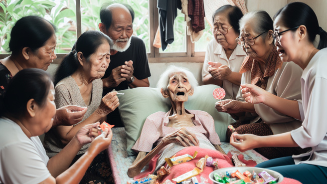 泰国一名老奶奶安详辞世后40分钟，突然死而復生，跟家属说要吃糖，让旁边守灵的家属全部吓坏。（示意图、与本案无关／AI生成）