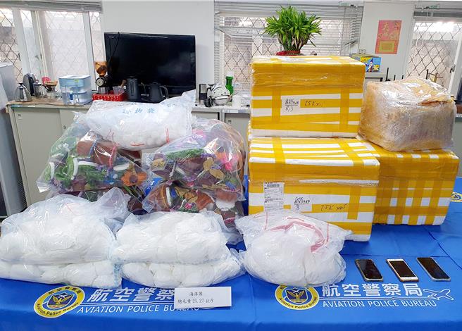 航警局與關務署台北關聯手查緝，在進口貨物中查獲第一級毒品海洛因。（航警局提供／范揚光桃園機場傳真）