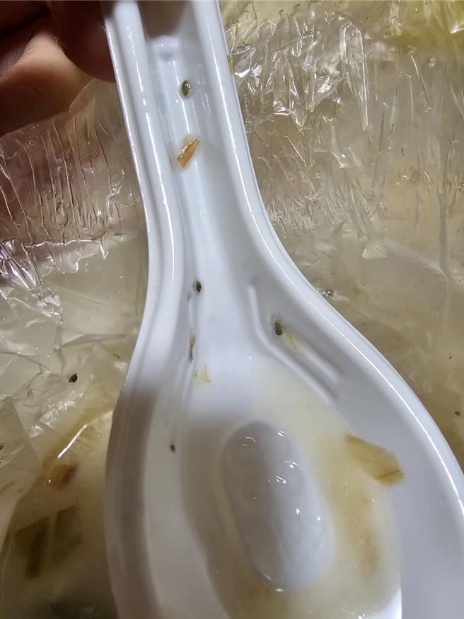 民眾近日透过外送平台点了北市「享之馔　台南虱目鱼」的虱目鱼肉粥，惊见里头满满都是虫。（翻摄自爆料公社）