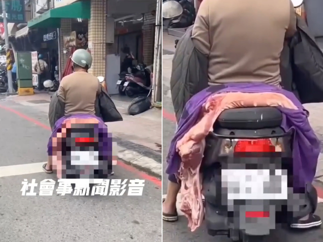 高雄一名阿伯载着「大面积肉块」骑机车。（翻摄社会事新闻影音）