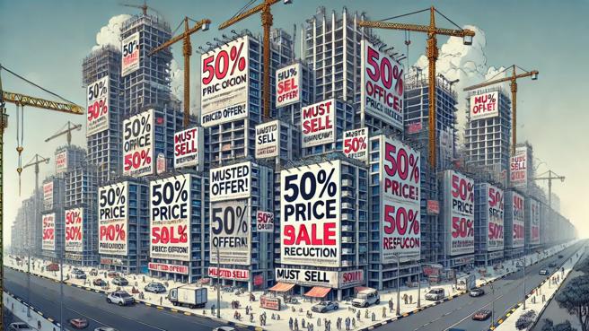 限貸令重創投資客，降價拋售、平轉交易頻繁湧現，導致房市明顯降溫。「血本無歸、平轉、拋售、預售案、限貸令、認賠」等關鍵字成為焦點。(示意圖／ChatGPT)